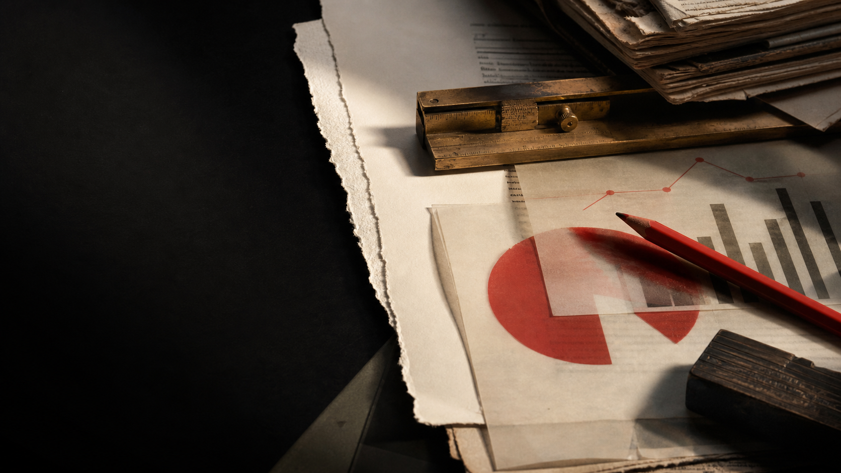 Editorial desk with evidence charts, torn paper and a red pencil